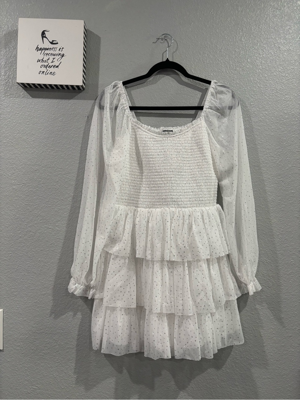 White Silver Sparkling Ruffled Smocked Dress